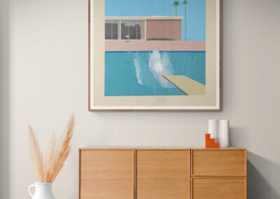 Minimalist artwork of a swimming pool scene with palm trees, perfect for contemporary interior desig.