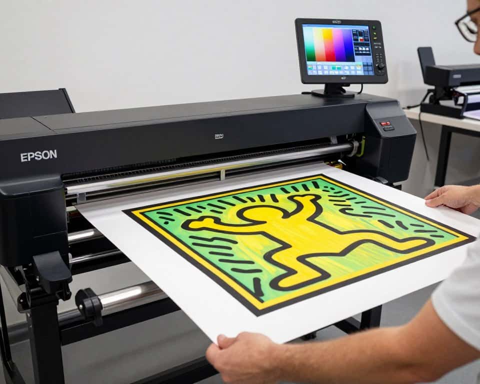Keith Haring pop art print being produced with a large-format printer.