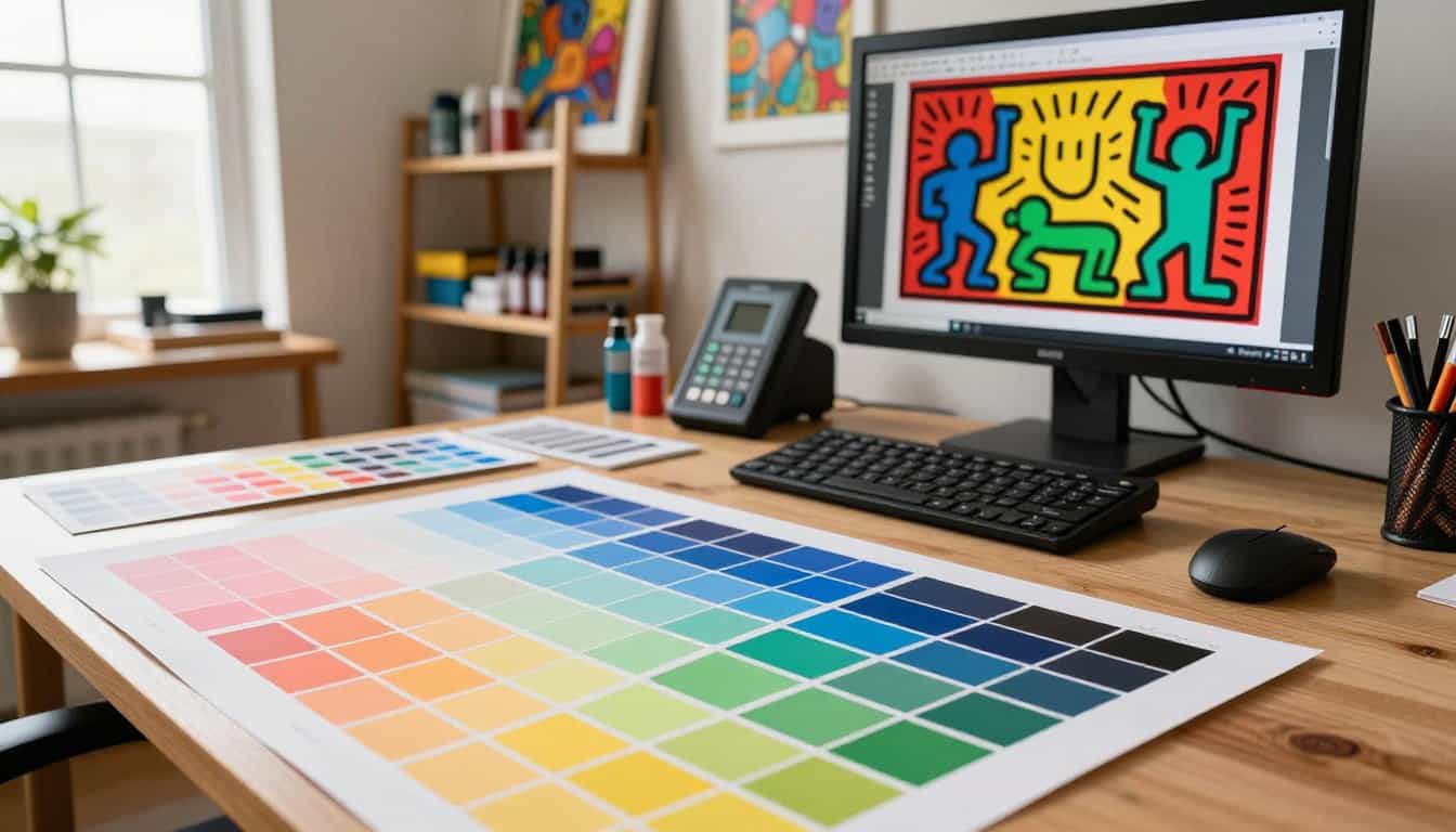 Art studio with color palette and digital screen displaying Keith Haring-inspired artwork.
