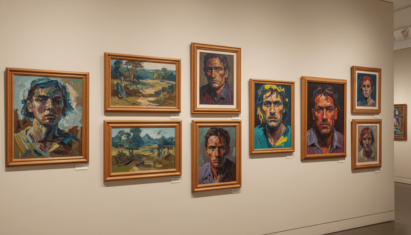 Gallery wall featuring framed canvas artworks of portraits and landscapes.