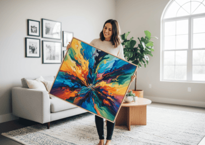 Bright and colorful large canvas artwork for modern interior design. Perfect for adding a bold state.