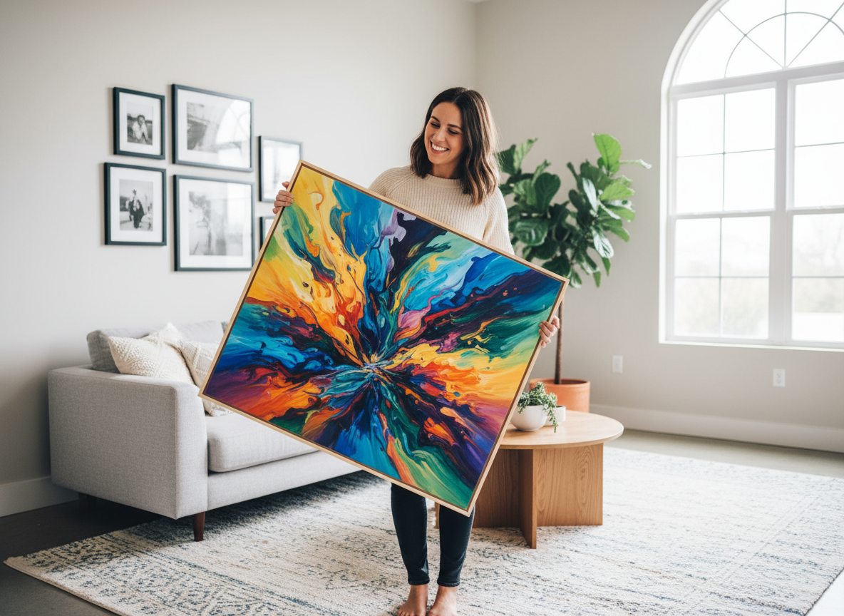 Happy customer displaying received large canvas artwork in their home
