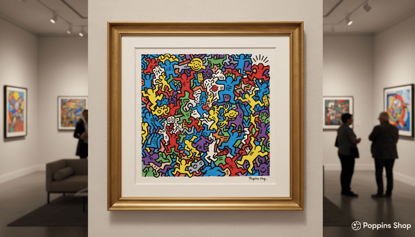 High-quality reproduction of a vibrant Keith Haring print, showcasing his iconic bold lines and dynamic, colorful characters in an abstract composition. In the foreground, crisply rendered shapes and figures dance across the canvas, exuding energy and joy. The middle ground features an elegant framing of the artwork, emphasizing its museum-quality appeal, with soft, warm lighting that enhances the colors. In the background, a subtle, blurred gallery setting hints at a sophisticated art environment, suggesting a refined collection. Capture the essence of contemporary art collecting in 2026, reflecting the excitement and trend of art aficionados choosing high-quality reproductions over mass-produced prints. Lens angle is slightly elevated, giving a comprehensive view of the print's texture and details. The mood conveys enthusiasm and appreciation for art. Include a small logo for "Poppins Shop" discreetly in the corner, ensuring it does not dominate the image. High-quality reproduction of a vibrant Keith Haring print, showcasing his iconic bold lines and dynamic, colorful characters in an abstract composition. In the foreground, crisply rendered shapes and figures dance across the canvas, exuding energy and joy. The middle ground features an elegant framing of the artwork, emphasizing its museum-quality appeal, with soft, warm lighting that enhances the colors. In the background, a subtle, blurred gallery setting hints at a sophisticated art environment, suggesting a refined collection. Capture the essence of contemporary art collecting in 2026, reflecting the excitement and trend of art aficionados choosing high-quality reproductions over mass-produced prints. Lens angle is slightly elevated, giving a comprehensive view of the print's texture and details. The mood conveys enthusiasm and appreciation for art. Include a small logo for "Poppins Shop" discreetly in the corner, ensuring it does not dominate the image.