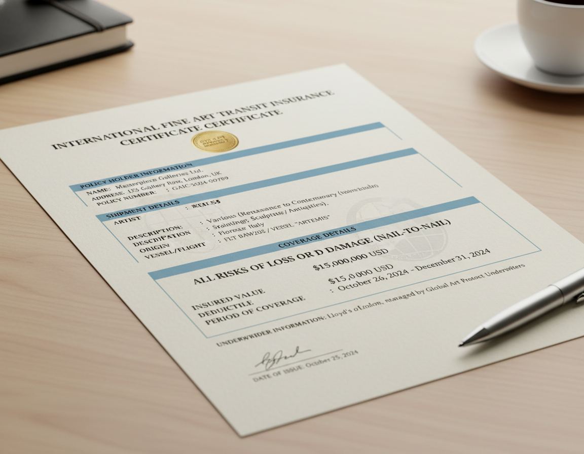Insurance certificate document for artwork shipping