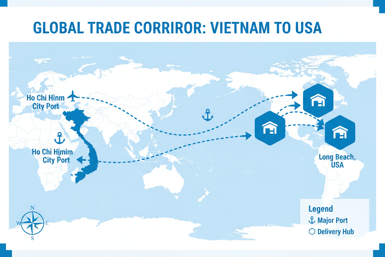 International shipping route map from Vietnam to USA