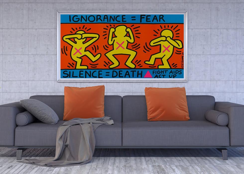 Vibrant Keith Haring-inspired artwork with bold colors and iconic figures, perfect for contemporary.