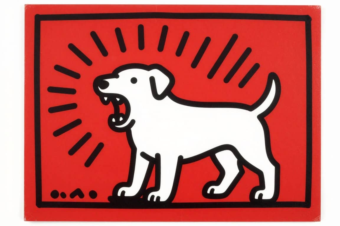 Keith Haring-inspired dog artwork with bold lines and vibrant colors.