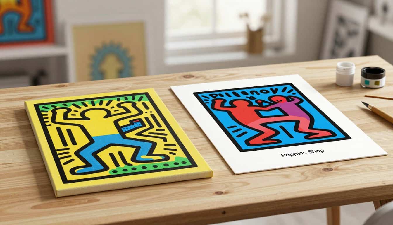 Colorful Keith Haring inspired canvas prints on a wooden table.