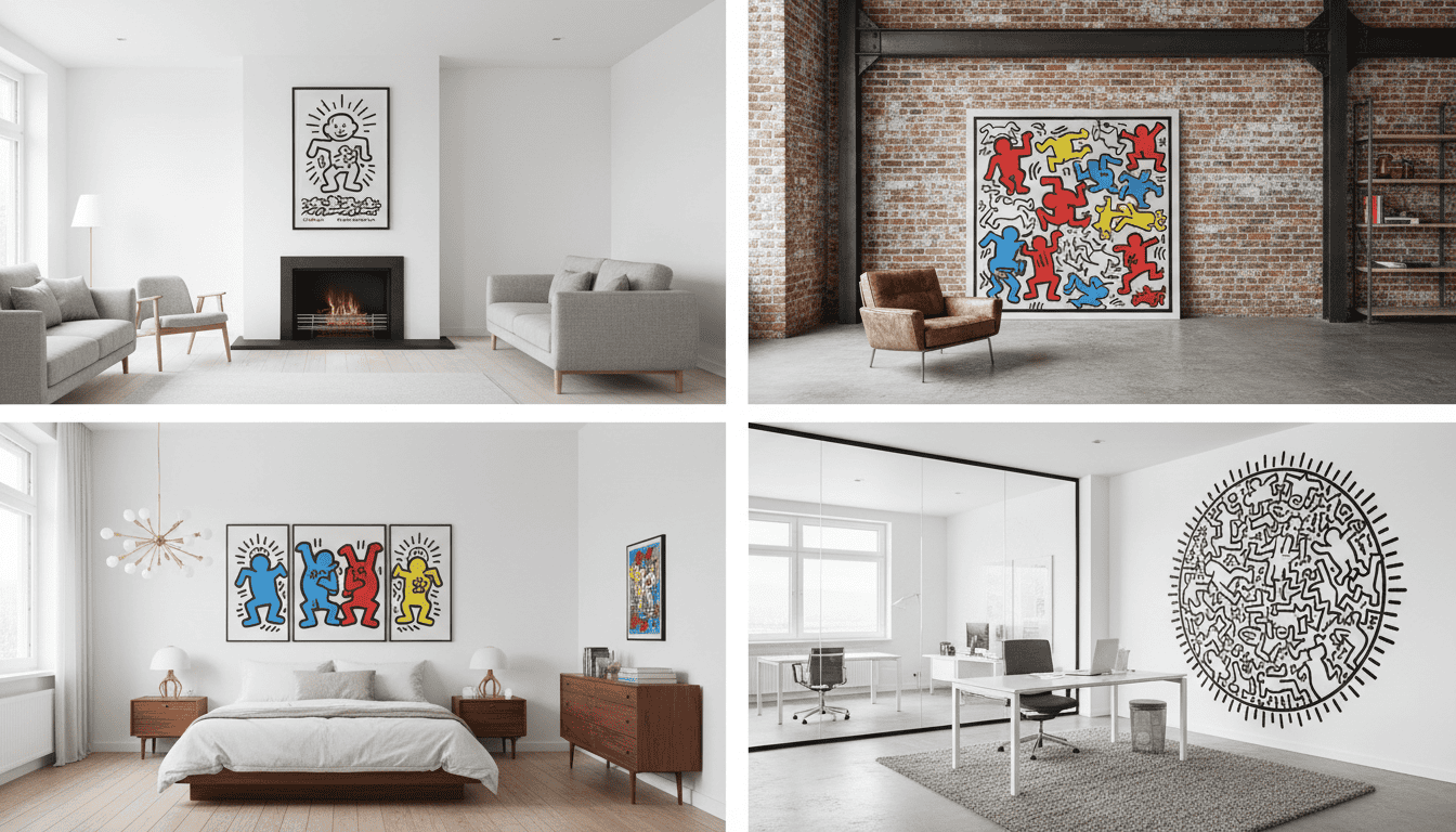Vibrant Keith Haring-inspired artwork displayed in contemporary living and bedroom spaces.