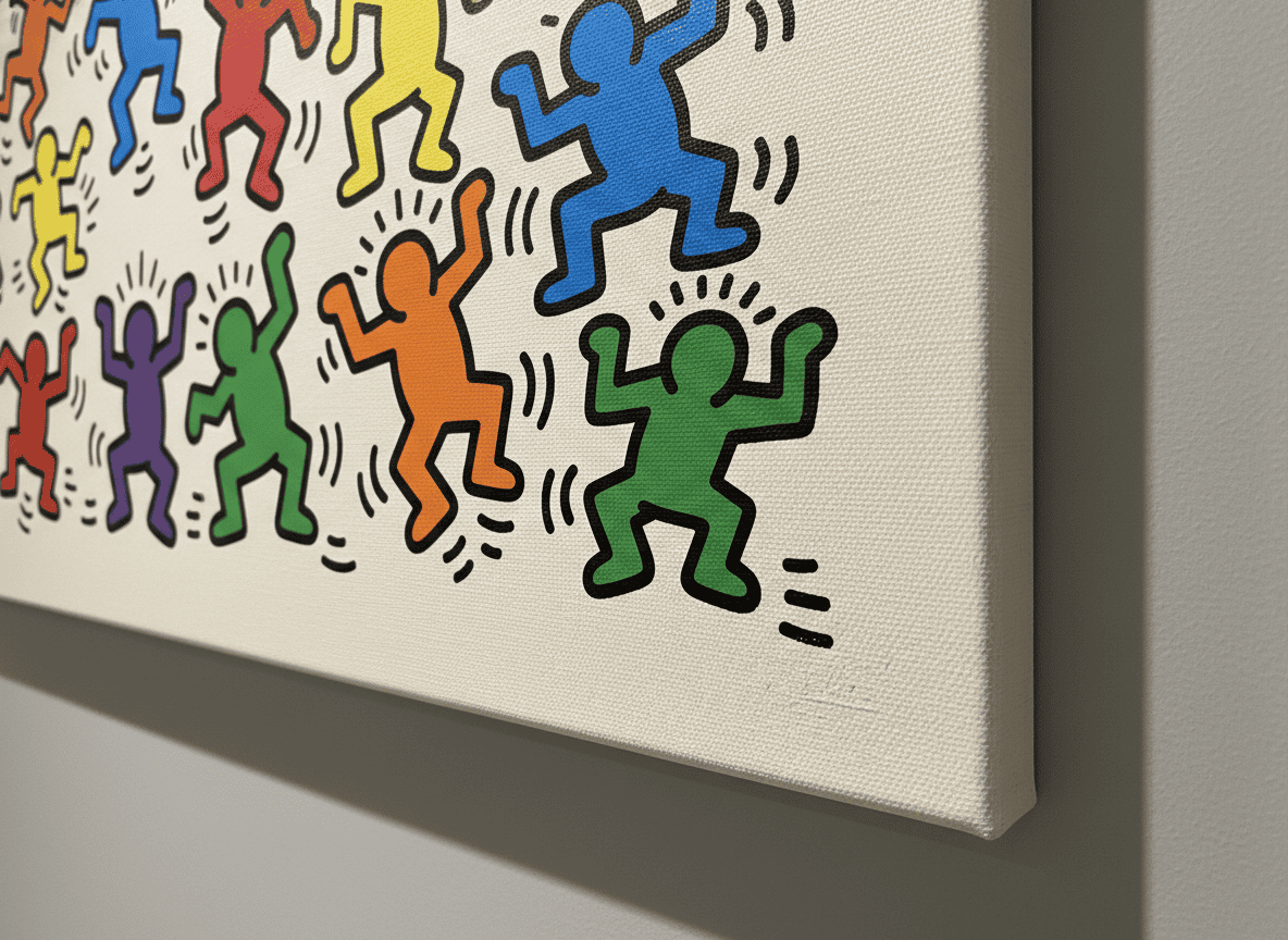 Vibrant Keith Haring-inspired pop art print on canvas, perfect for modern home decor.