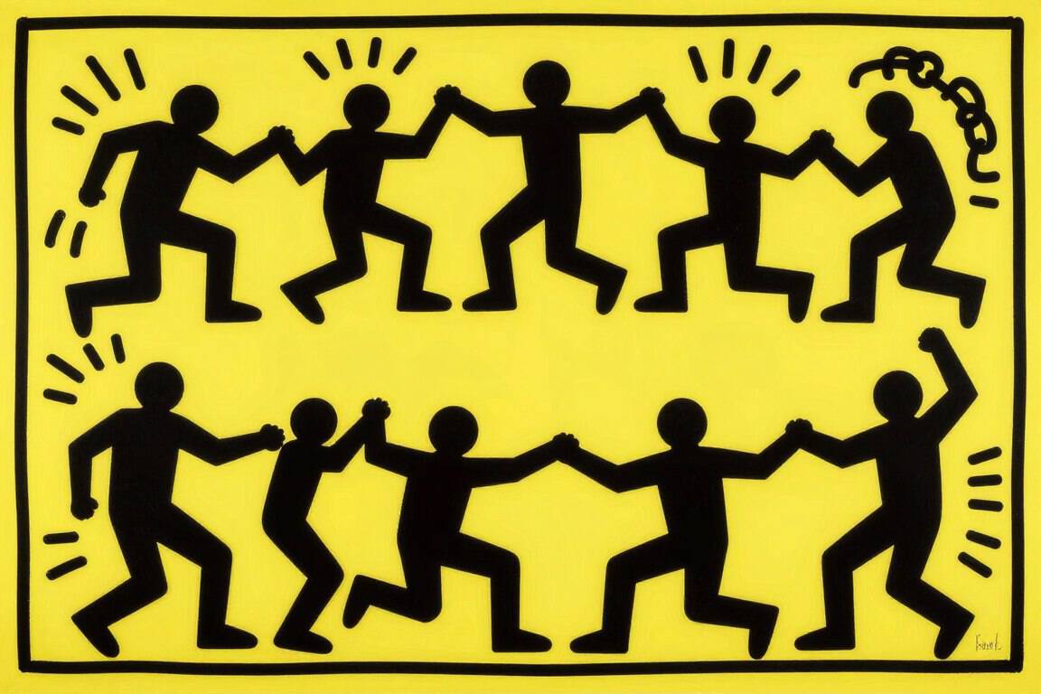 Colorful pop art of dancing figures on a yellow background, inspired by Keith Haring's iconic style.