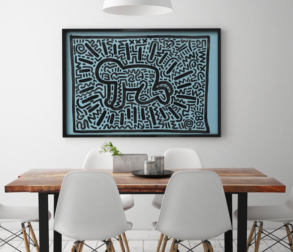 Keith Haring pop art print with bold black lines on a blue background, perfect for contemporary inte.