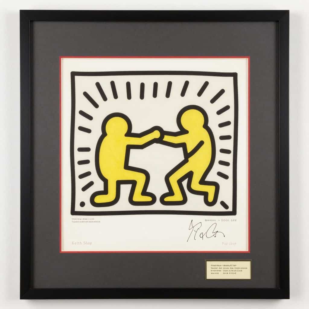 Keith Haring inspired pop art print of two figures dancing, vibrant yellow and black design.