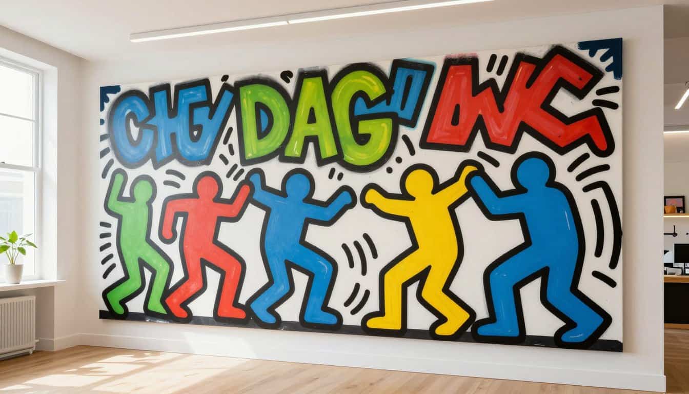 Vibrant Keith Haring-inspired large wall art for energetic home decor. Perfect for adding color and.