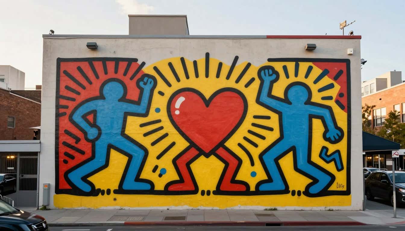 Colorful Keith Haring-inspired mural featuring energetic figures and a heart, perfect for energizing.