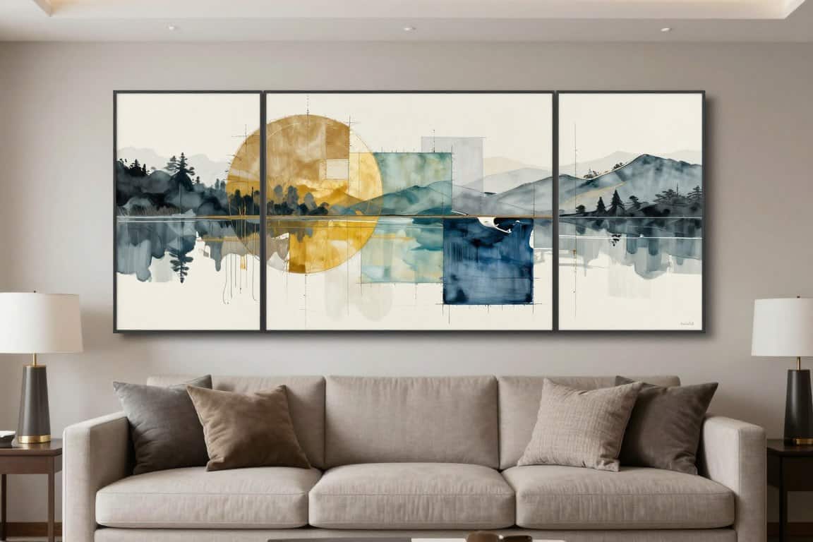 Large affordable wall art properly scaled above sofa