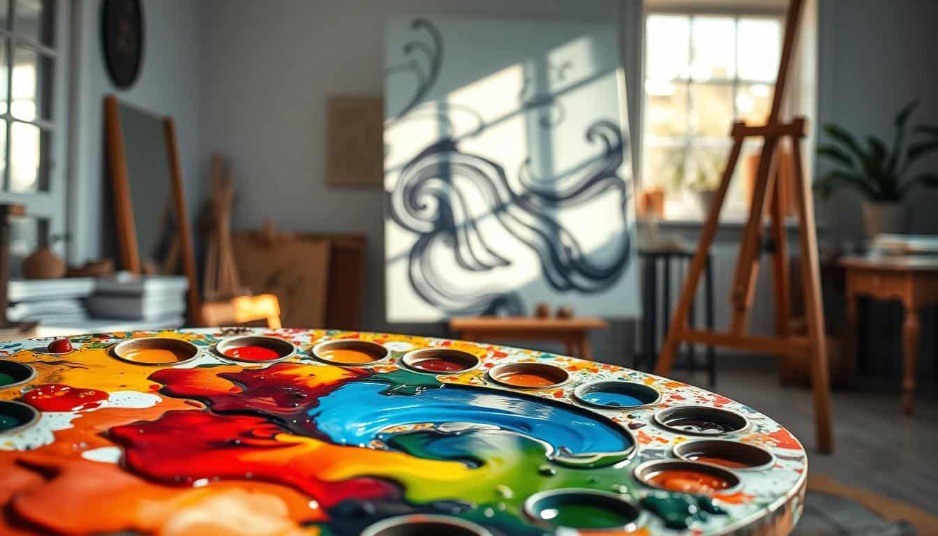 Large canvas art piece created with premium French Pébéo oil paints, showcasing vibrant colors and rich texture. The foreground features an artist’s palette spilling with glistening oil paints in various hues, while in the middle ground, a partially completed artwork displays flowing abstract patterns on high-quality cotton canvas. The background showcases a softly lit studio environment with gentle natural light filtering through a window, casting subtle shadows that enhance the depth of the canvas. An easel stands prominently, adding to the artistic ambiance. The mood is inspiring and inviting, ideal for small spaces. The scene reflects craftsmanship and the beauty of art, with a touch of sophistication. Presented by Poppins Shop, emphasizing elegance in home decor. Colorful abstract wall art to enhance small rooms and create a grand ambiance. Perfect for modern in.