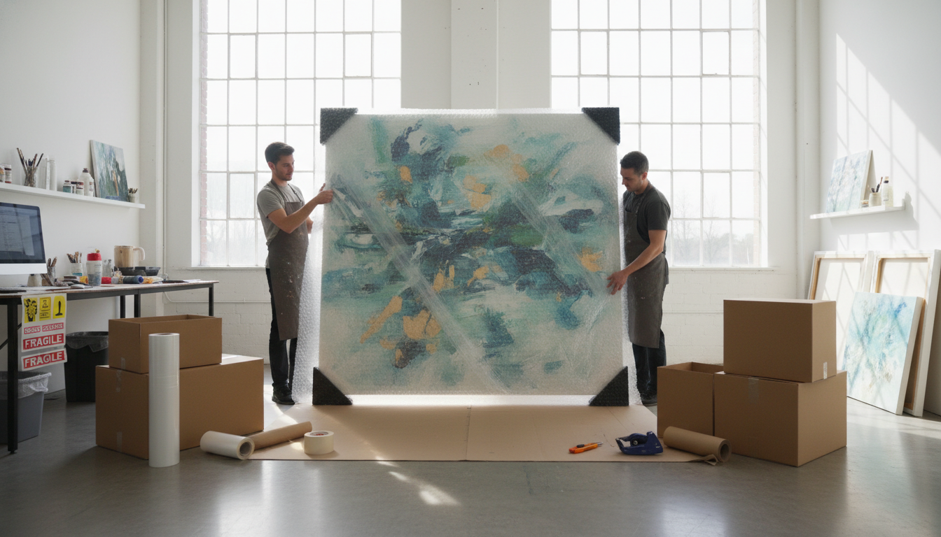 Large canvas artwork being carefully packaged in professional shipping materials