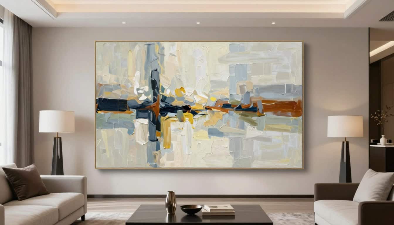 Large hand-painted wall art in styled living room showing impact