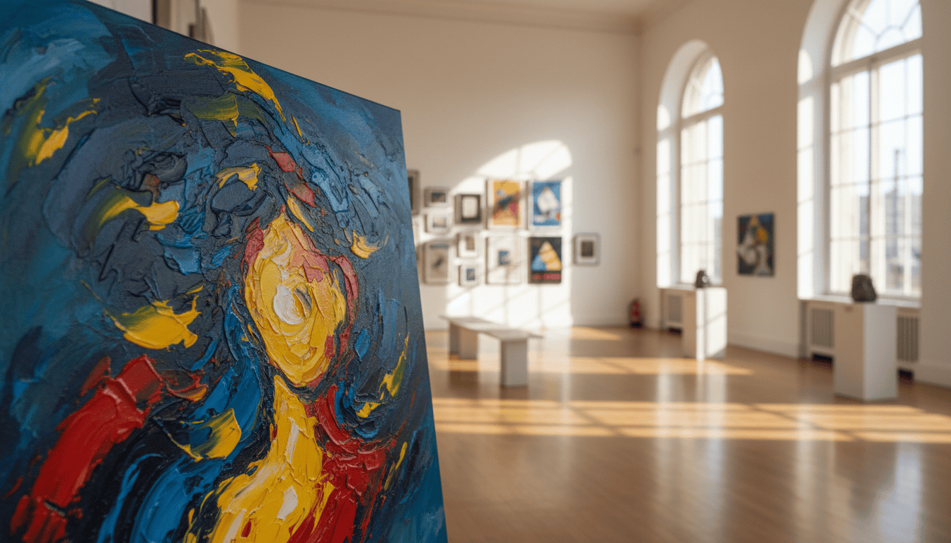 Colorful hand-painted canvas artwork displayed in an art gallery setting.