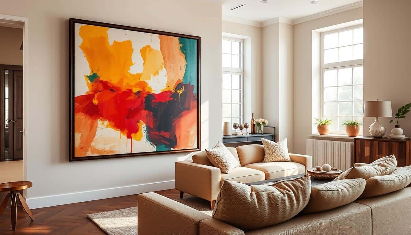 Large colorful abstract wall art in a bright living room setting.