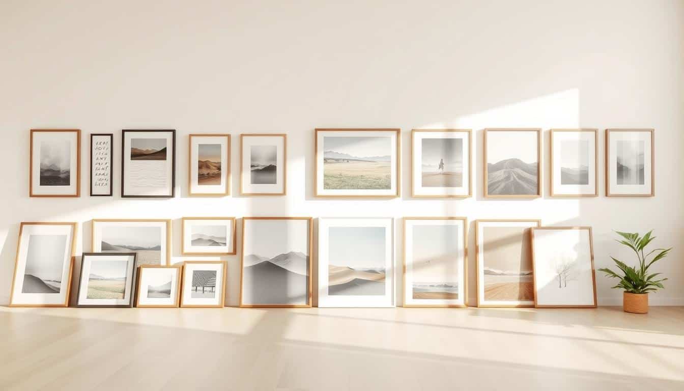 Decorative framed art wall showcasing landscape and abstract prints for stylish home decor.