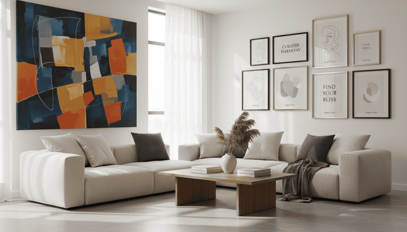 Stylish modern abstract wall art in a bright living room setting.