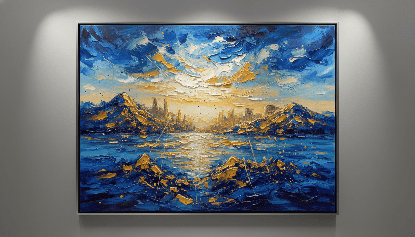 Vibrant abstract mountain and water landscape painting for wall decor.