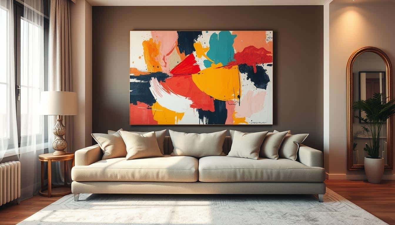 Oversized abstract wall art by Poppins Shop elegantly transforming a small living room. In the foreground, a plush sofa with soft, textured cushions invites relaxation. The middle layer features a large, vibrant abstract painting, full of bold colors and dynamic shapes, creating a focal point that draws the viewer in. The background showcases a cozy, well-lit space with warm, natural light filtering through sheer curtains, adding to the inviting atmosphere. A strategically placed mirror reflects the artwork, enhancing the illusion of depth and space. The overall mood is stylish and contemporary, conveying a sense of openness and creativity, perfect for small living areas seeking to feel expansive. Vivid abstract wall art piece enhancing small rooms with bold colors and dynamic design. Perfect for.