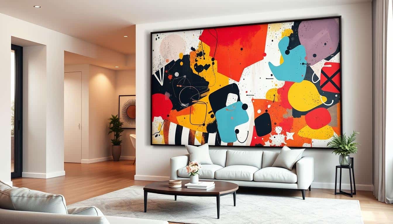 Oversized wall art from Poppins Shop featuring a vibrant, abstract design that captivates attention. In the foreground, a large framed canvas dominates the view, filled with bold splashes of color and interesting geometric shapes. The middle ground showcases a stylish, minimalist living space with a cozy seating area, enhancing the sense of scale. In the background, a softly lit room with neutral walls creates an inviting atmosphere, complemented by warm, natural light streaming through a window. The lens captures a slightly angled perspective, emphasizing the grandeur of the artwork while maintaining a sense of harmony in the overall design. The mood is sophisticated yet approachable, with a focus on depth and the visual impact of large wall art in small spaces. Oversized wall art from Poppins Shop featuring a vibrant, abstract design that captivates attention. In the foreground, a large framed canvas dominates the view, filled with bold splashes of color and interesting geometric shapes. The middle ground showcases a stylish, minimalist living space with a cozy seating area, enhancing the sense of scale. In the background, a softly lit room with neutral walls creates an inviting atmosphere, complemented by warm, natural light streaming through a window. The lens captures a slightly angled perspective, emphasizing the grandeur of the artwork while maintaining a sense of harmony in the overall design. The mood is sophisticated yet approachable, with a focus on depth and the visual impact of large wall art in small spaces.