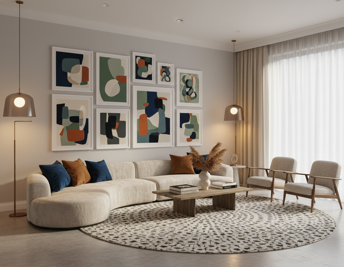 Peaceful home interior with multiple canvas artworks creating gallery wall