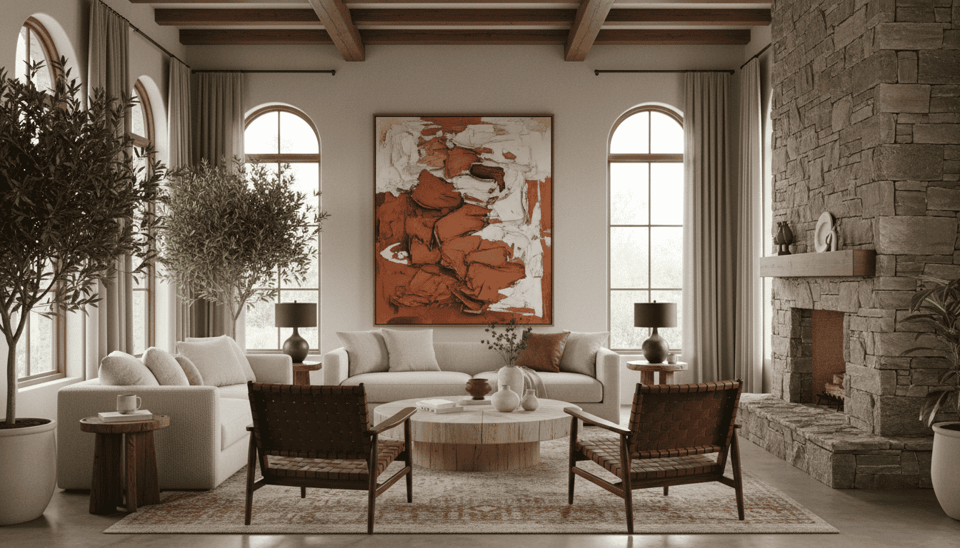 Elegant modern living room with stylish wall art and cozy furniture. Perfect for contemporary Americ.