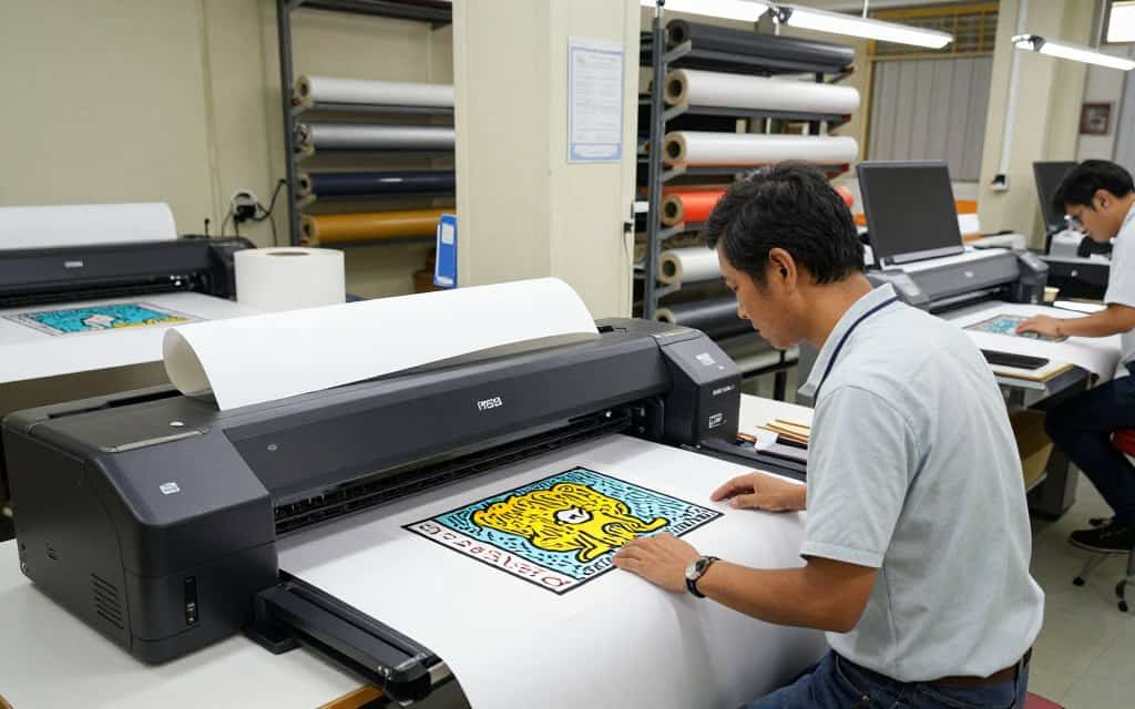 Man inspecting Keith Haring art print in print shop.