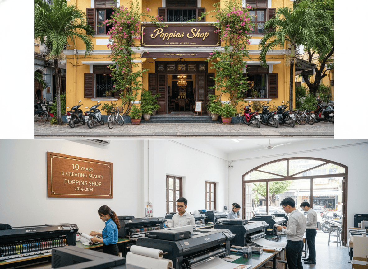 Poppins Shop storefront and interior with modern printing equipment and staff.