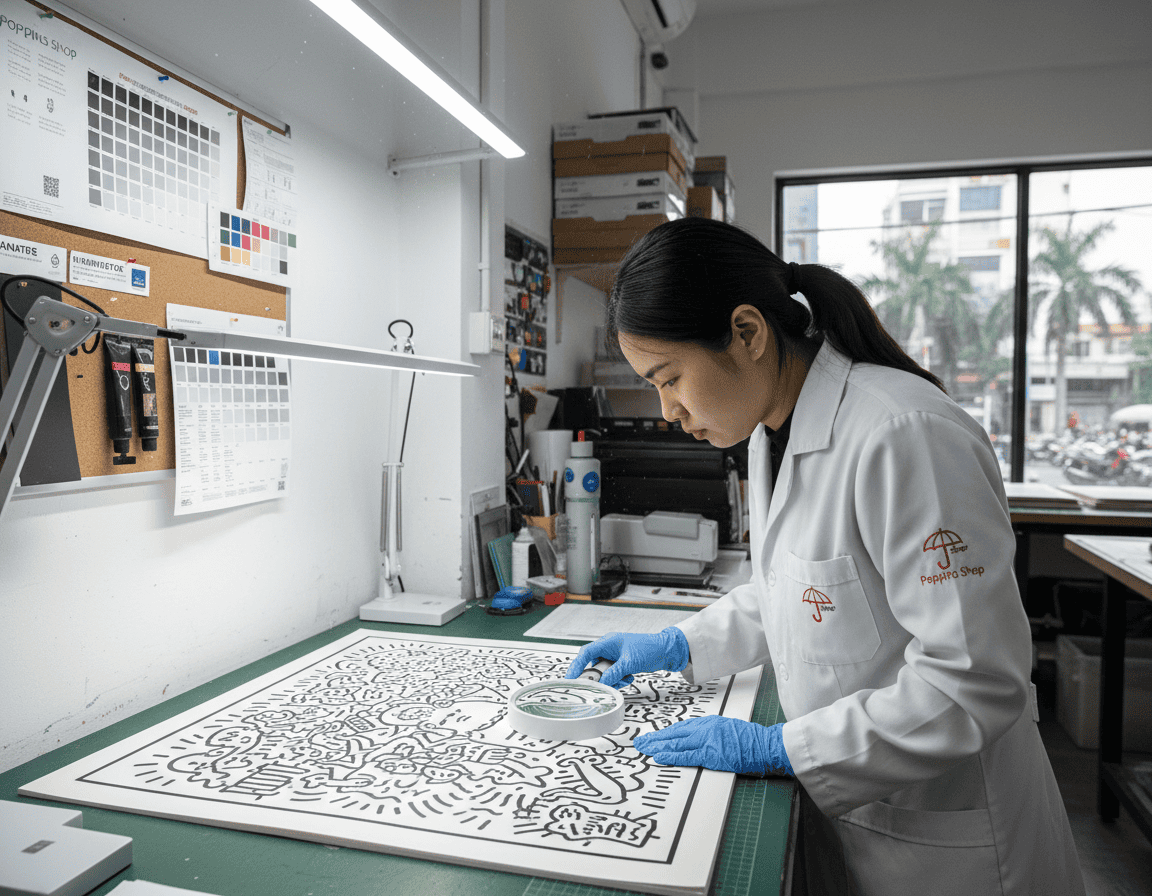 Detailed artist working on Keith Haring-inspired print.