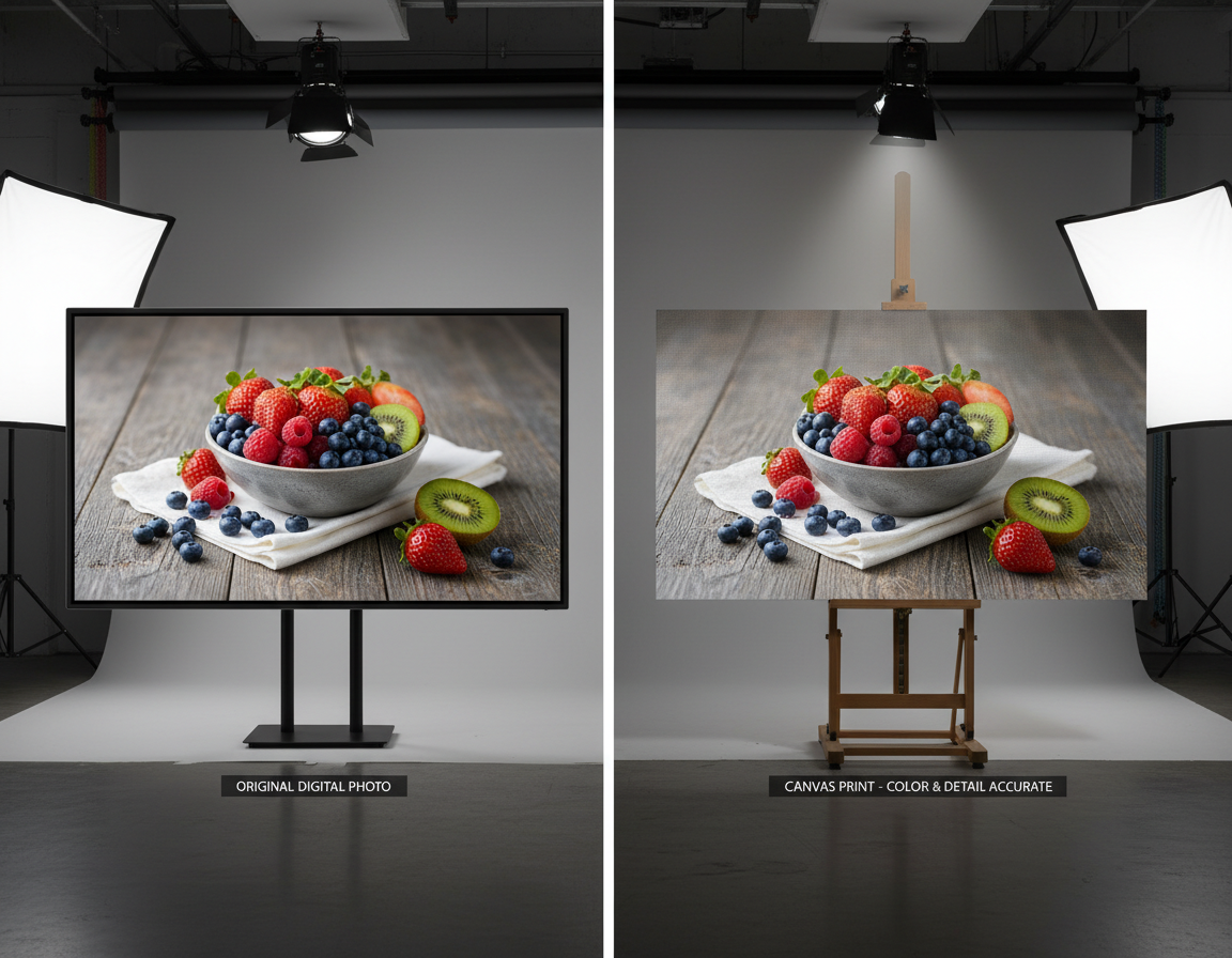 Side-by-side comparison of reference photo and completed canvas print