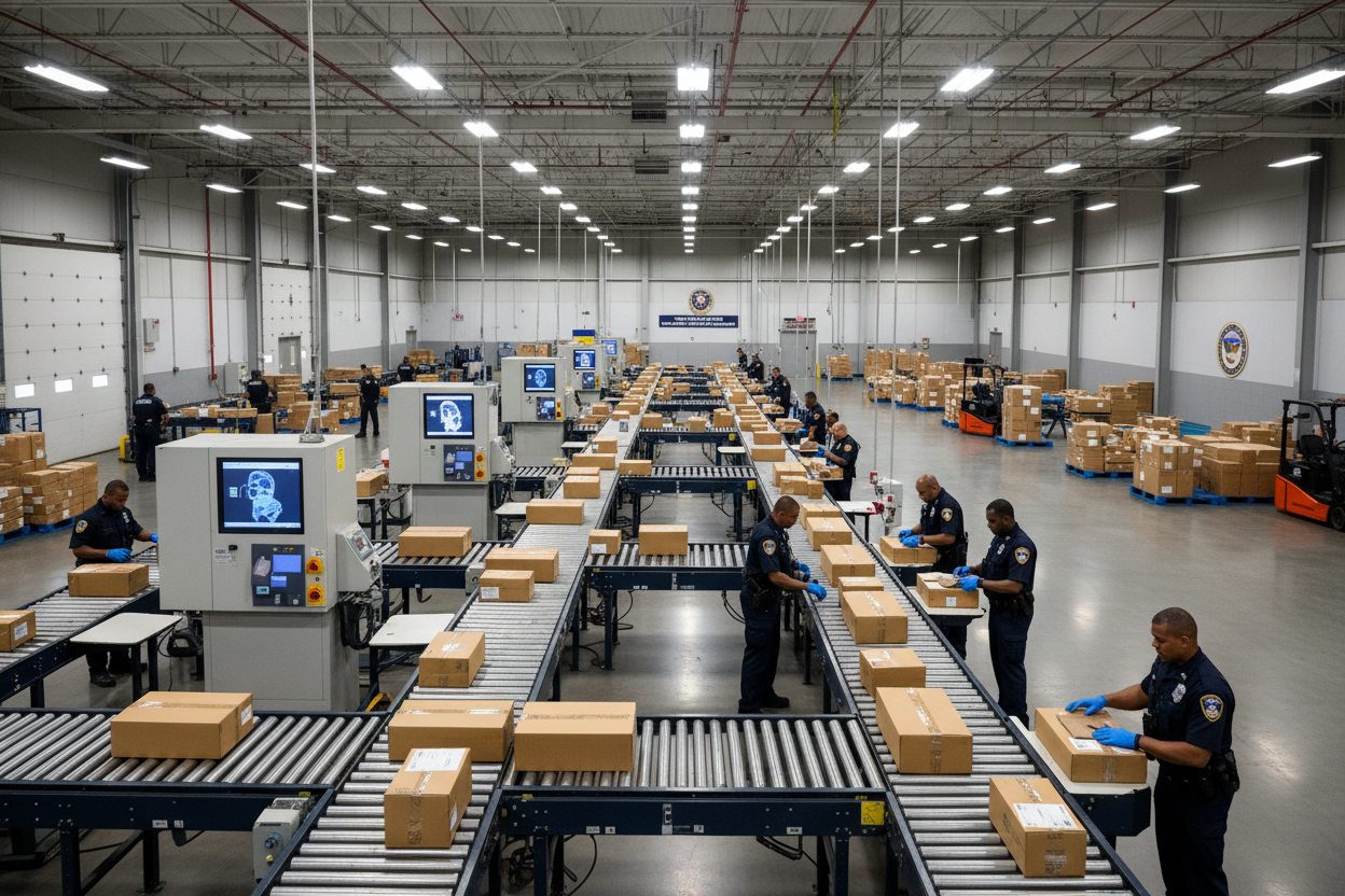 US customs clearance facility processing packages