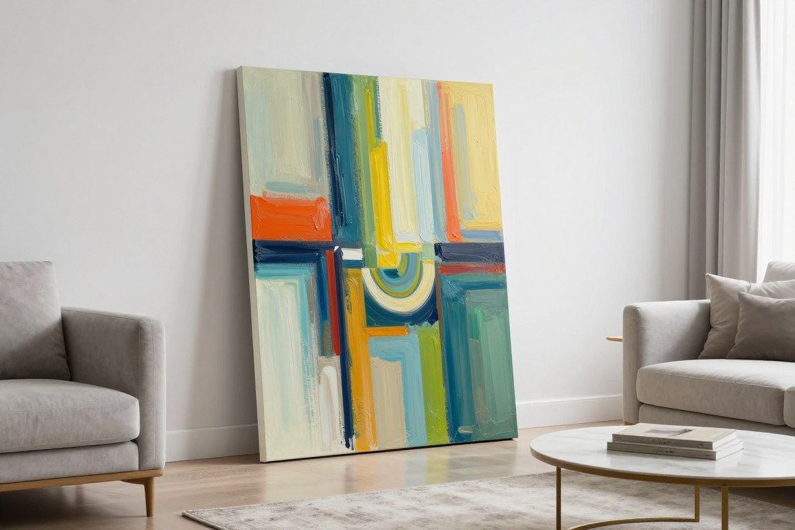 Unpacked canvas artwork displayed against wall for size evaluation