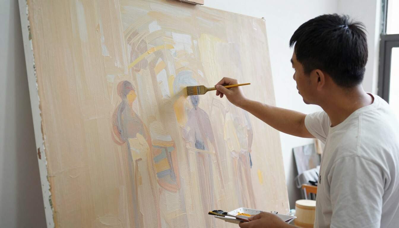 Vietnamese artisan hand-painting large canvas artwork in studio