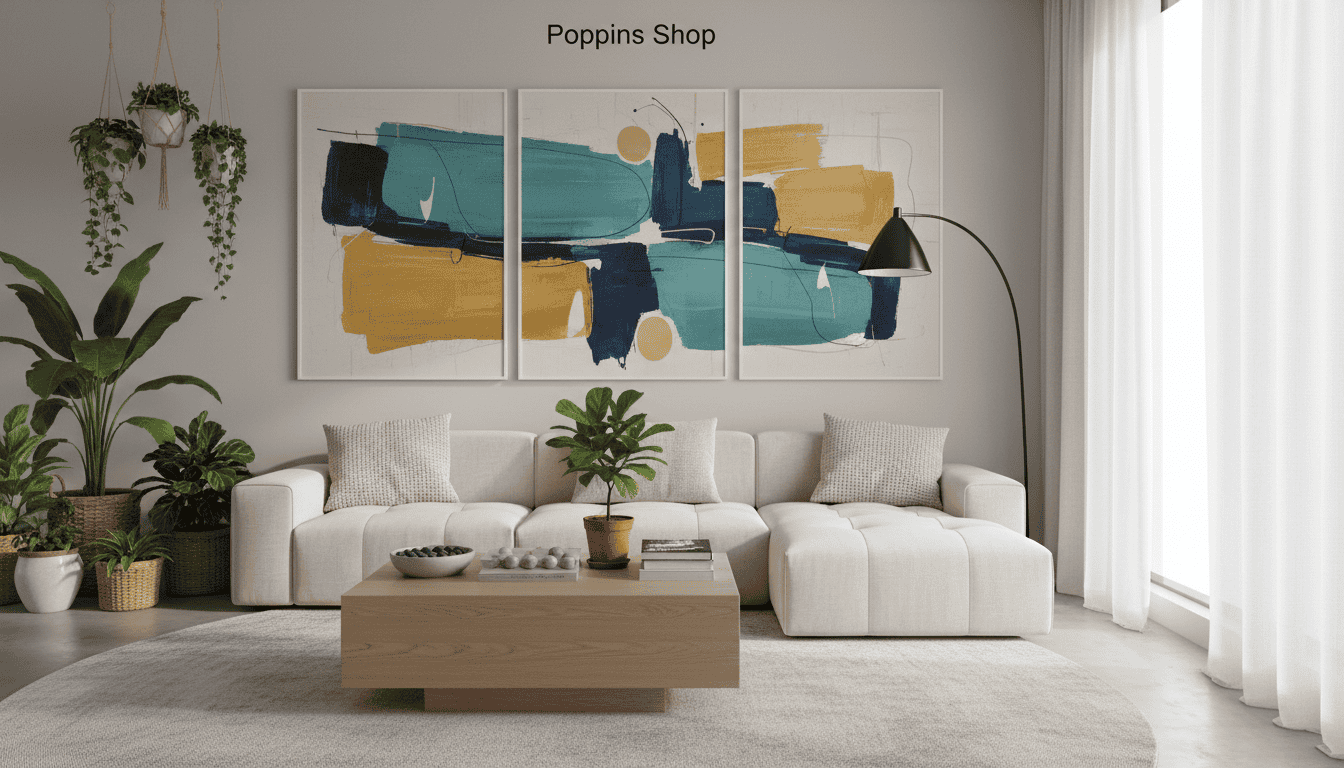 Large modern abstract wall art in blue, yellow, and black for contemporary home decor.