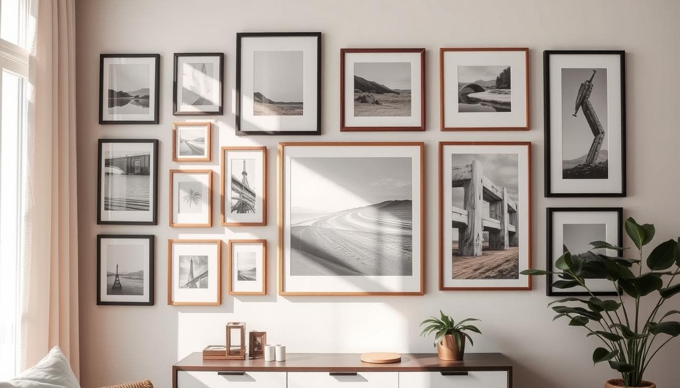 Stylish wall of framed art with diverse arrangements for perfect home decor.