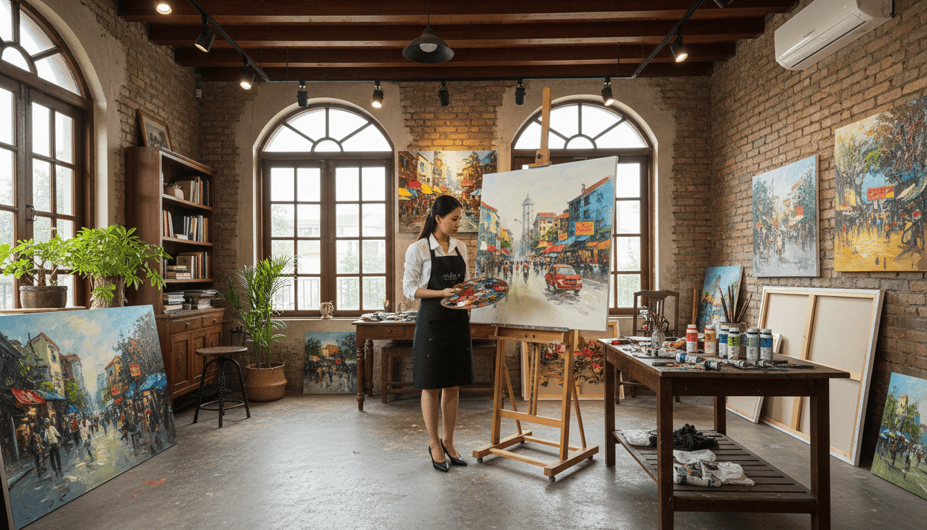 Hand-painted canvas art showcasing vivid cityscape scenes for unique home decor.