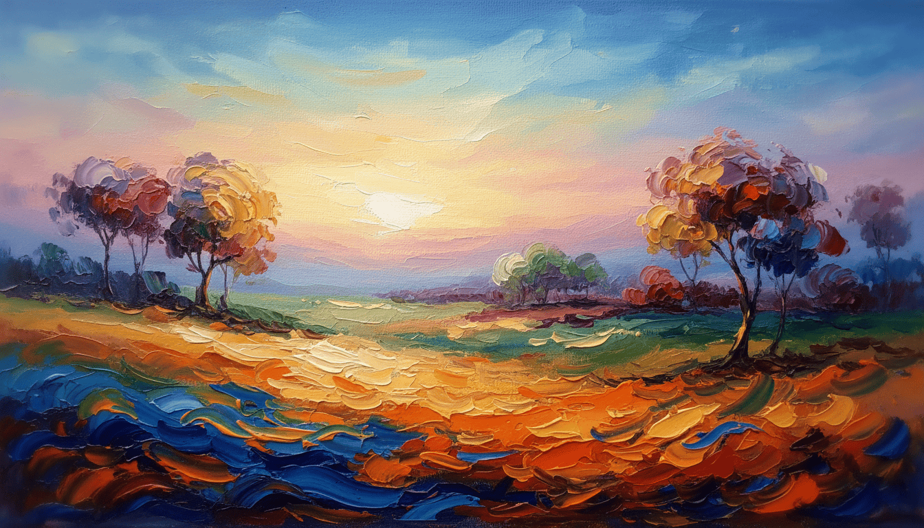 Hand-painted landscape canvas with colorful trees and sunset scene.