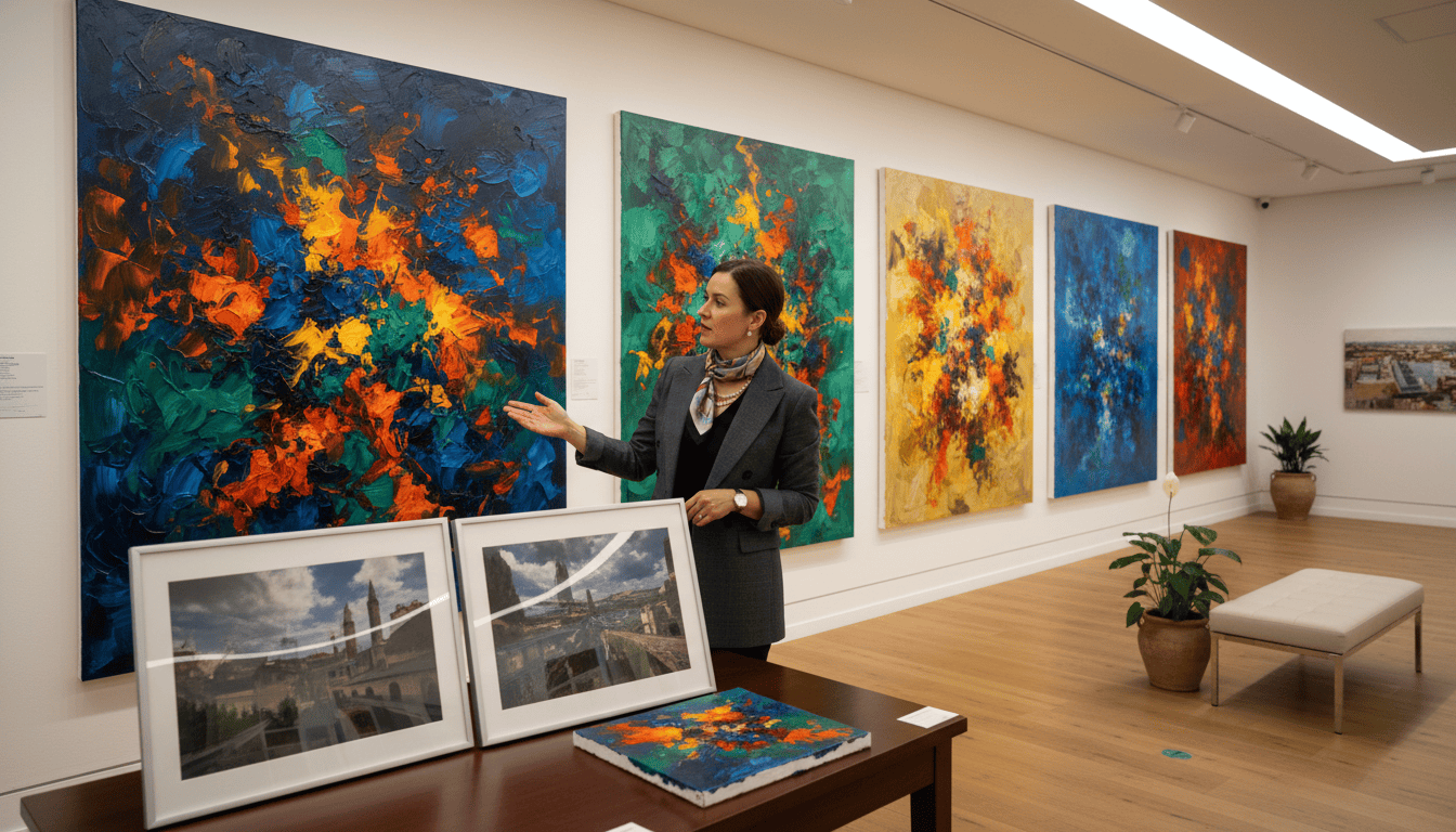 Elegant woman discussing large abstract canvas art.