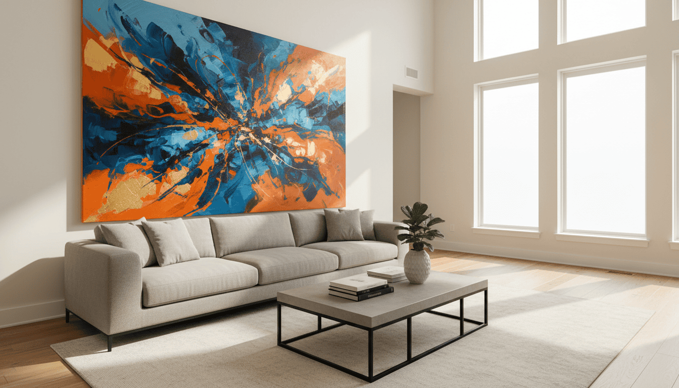 Abstract large painted canvas art in a bright, modern living room setting.