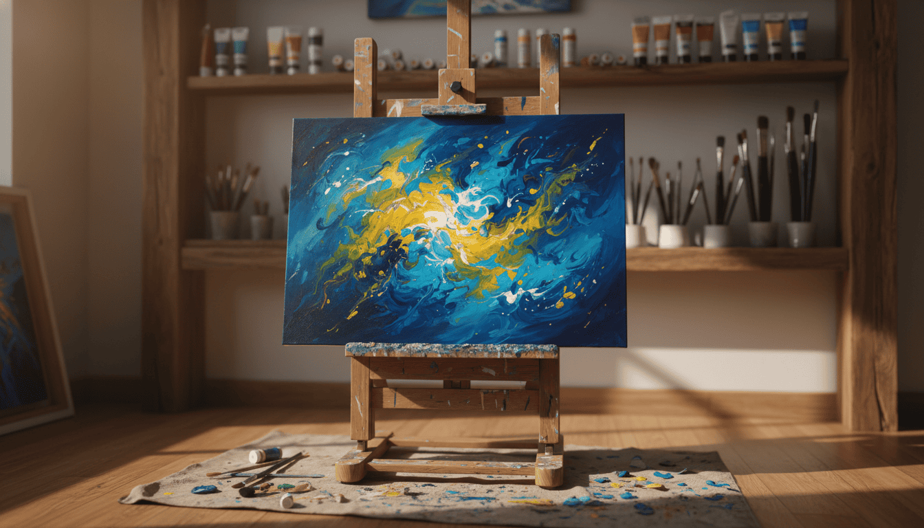 Vibrant abstract hand-painted canvas art displayed on an easel in an artist's studio.