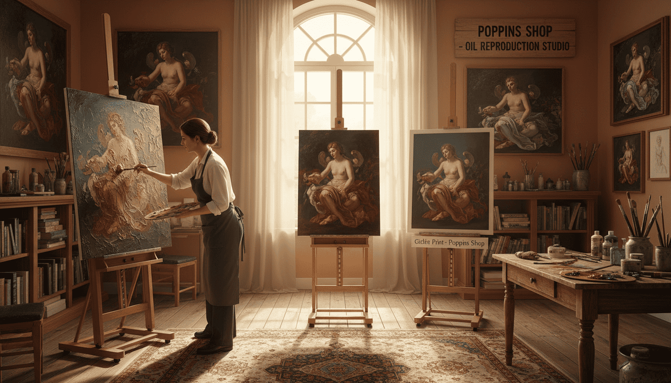 A beautifully arranged art studio scene showcasing the oil reproduction methods of Roberto Ferri. In the foreground, a skilled artist, dressed in professional attire, is meticulously applying oil paints to a textured canvas, capturing the essence of Ferri's classic style. The middle ground features various stages of Ferri reproduction, including a hand-painted piece and a giclee print elegantly displayed on easels, emphasizing the differences in technique. In the background, warm, diffused natural light filters through a large window, illuminating the rich colors of the artworks and creating a tranquil atmosphere. The room is adorned with art supplies, brushes, and Ferri&rsquo;s inspiring paintings hanging on the walls, inviting viewers into the vibrant world of oil reproduction methods. Poppins Shop.