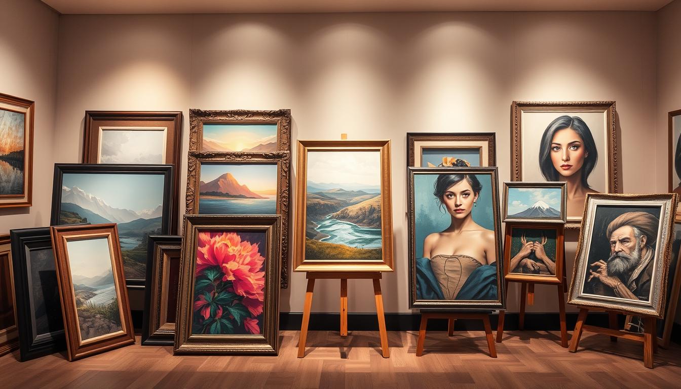 A beautifully arranged display featuring a variety of professional frame choices for large canvas art, showcasing options such as sleek modern frames, ornate vintage frames, and minimalist styles. In the foreground, highlight the textures and colors of the frames, each surrounding vibrant, large canvas paintings that depict abstract landscapes and bold portraits. In the middle, include wooden display stands holding the frames and artwork at an angle to emphasize their depth. The background features a softly lit gallery setting with neutral walls, creating a serene atmosphere. Use warm, inviting lighting to enhance the details while avoiding harsh shadows. The image conveys a sophisticated and professional aesthetic, perfect for showcasing art fulfillment options available at Poppins Shop.