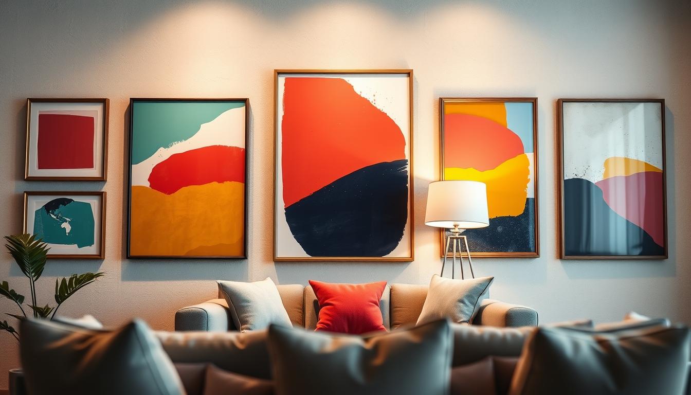 A beautifully arranged multi-panel art display featuring vibrant color-blocked artworks. The foreground showcases a selection of framed panels, varying in size, hung on a light gray textured wall. Each panel displays abstract designs in complementary color schemes, subtly blending hues of teal, coral, mustard yellow, and navy blue. In the middle ground, a comfortable yet stylish living space is visible, with a cozy sofa and minimalist decor that accentuates the artwork. The background includes soft, warm lighting emanating from a floor lamp, creating an inviting atmosphere. The angle captures the layout from slightly below eye level, emphasizing the depth and cohesion of the arrangement. The scene is meticulously curated to inspire creativity and harmony, perfect for showcasing the art of installation. Poppins Shop. A beautifully arranged multi-panel art display featuring vibrant color-blocked artworks. The foreground showcases a selection of framed panels, varying in size, hung on a light gray textured wall. Each panel displays abstract designs in complementary color schemes, subtly blending hues of teal, coral, mustard yellow, and navy blue. In the middle ground, a comfortable yet stylish living space is visible, with a cozy sofa and minimalist decor that accentuates the artwork. The background includes soft, warm lighting emanating from a floor lamp, creating an inviting atmosphere. The angle captures the layout from slightly below eye level, emphasizing the depth and cohesion of the arrangement. The scene is meticulously curated to inspire creativity and harmony, perfect for showcasing the art of installation. Poppins Shop.