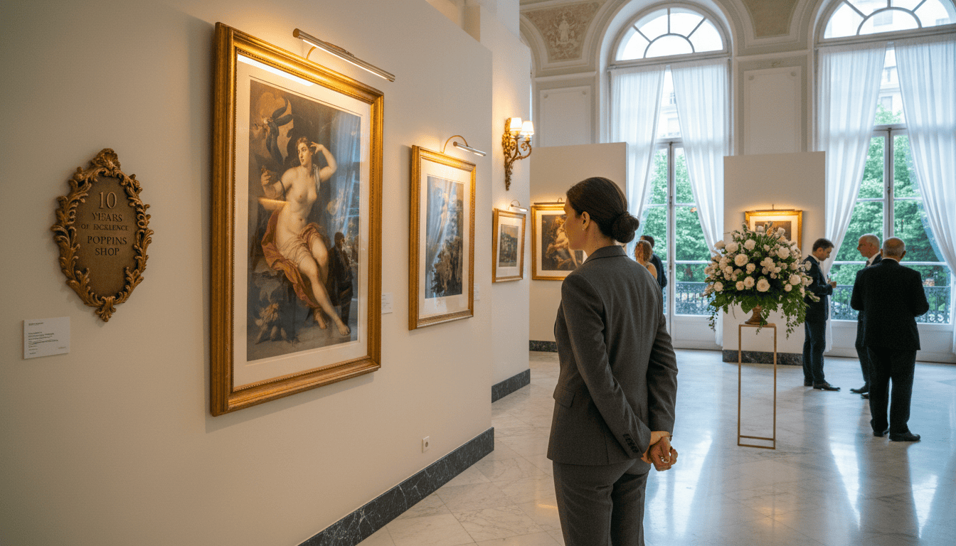 A beautifully rendered celebration of "10 Years of Excellence" featuring an elegant gallery space showcasing Roberto Ferri prints. In the foreground, a well-dressed curator, in professional business attire, stands admiring a stunning Ferri artwork, illuminated by soft, warm lighting that highlights the details of the prints. The middle ground includes elegant frames hanging on the walls, adorned with artistic decorations and tasteful lighting fixtures that create an inviting atmosphere. In the background, large windows allow natural light to flood in, enriching the serene ambiance. The overall mood conveys sophistication and a deep appreciation for art, reflecting the legacy of the Poppins Shop in a tasteful and inspiring manner. The image should be captured from a slight angle to give depth and perspective, emphasizing the luxurious nature of the gallery.